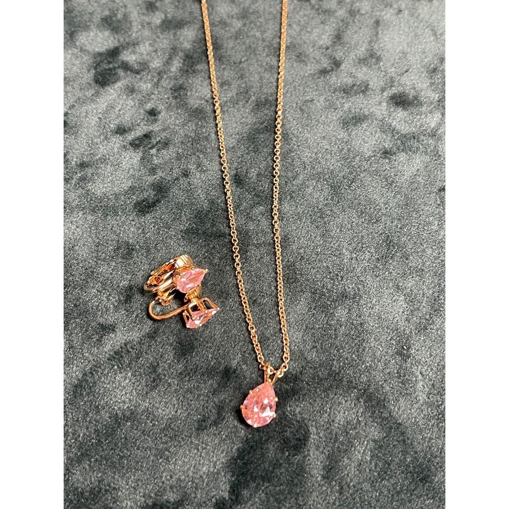 Gold Tone Pink Pear Cut Crystal Pendant Necklace and Clip-On Earrings Set